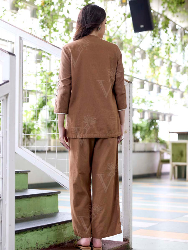 Brown Embroidered Cotton Co-Ord Set