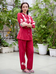 Red Embroidered Cotton Co-Ord Set