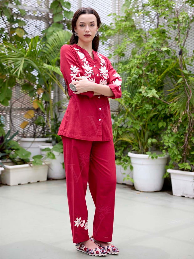 Red Embroidered Cotton Co-Ord Set