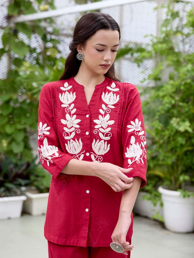 Red Embroidered Cotton Co-Ord Set