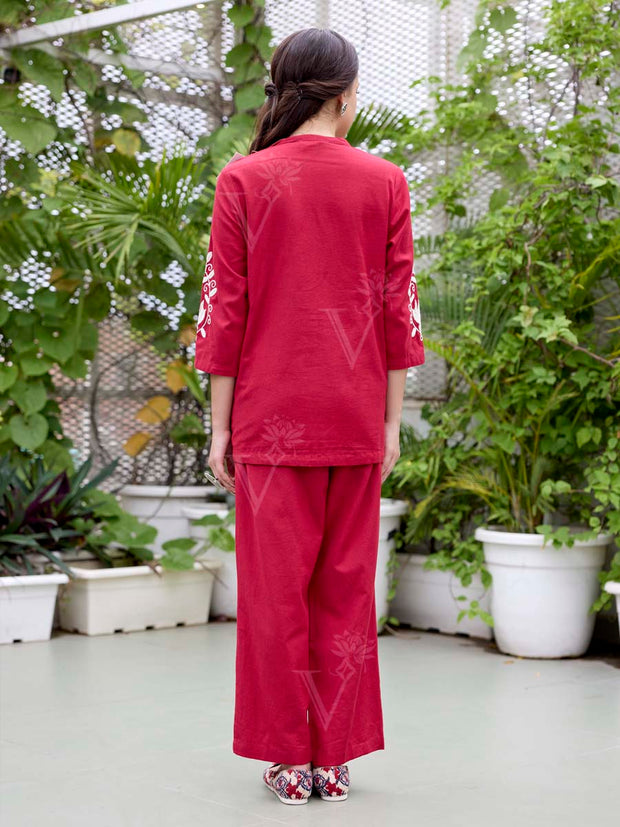 Red Embroidered Cotton Co-Ord Set