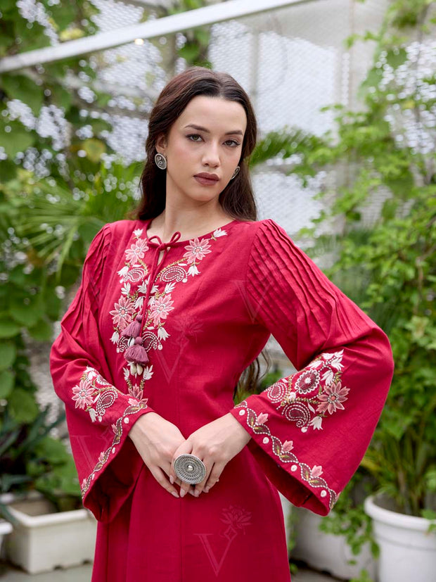 Red Embroidered Cotton Dress