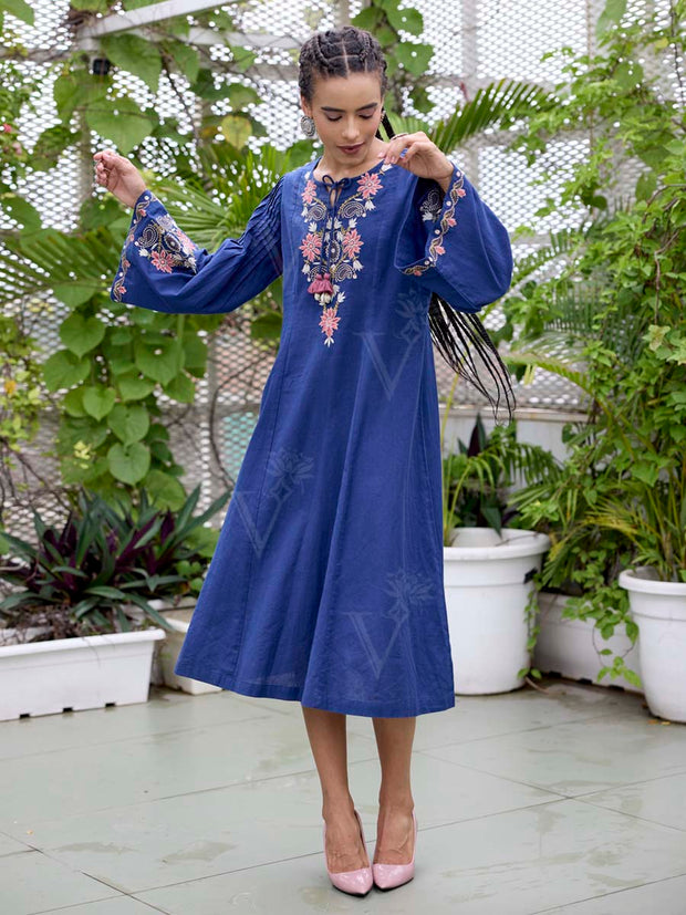 Navy Blue Embroidered Cotton Dress