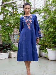 Navy Blue Embroidered Cotton Dress