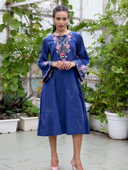 Navy Blue Embroidered Cotton Dress