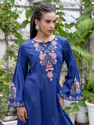 Navy Blue Embroidered Cotton Dress