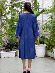Navy Blue Embroidered Cotton Dress