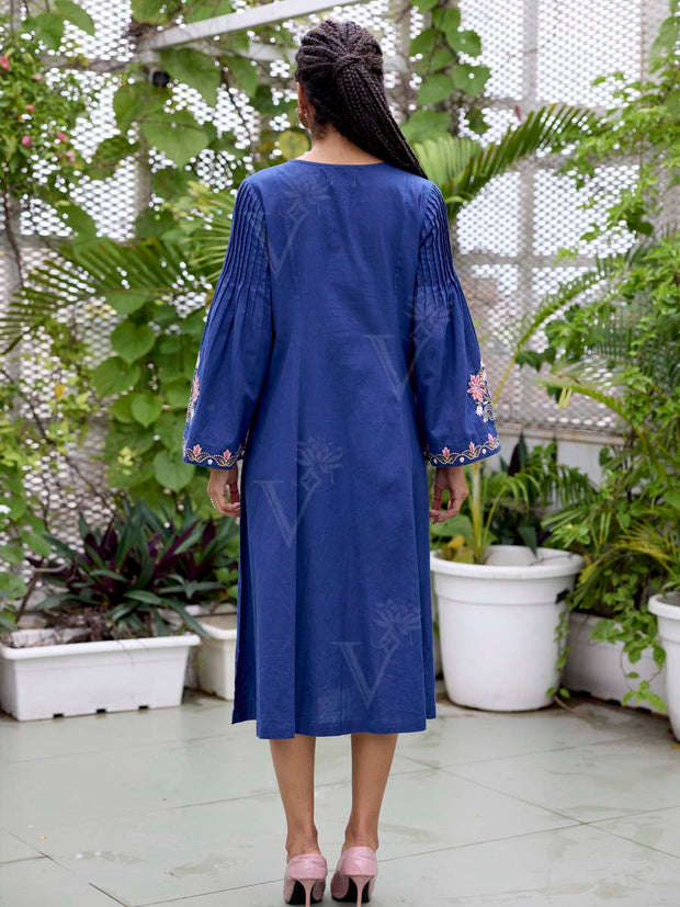 Navy Blue Embroidered Cotton Dress