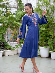 Navy Blue Embroidered Cotton Dress