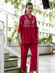 Red Embroidered Cotton Co-Ord Set