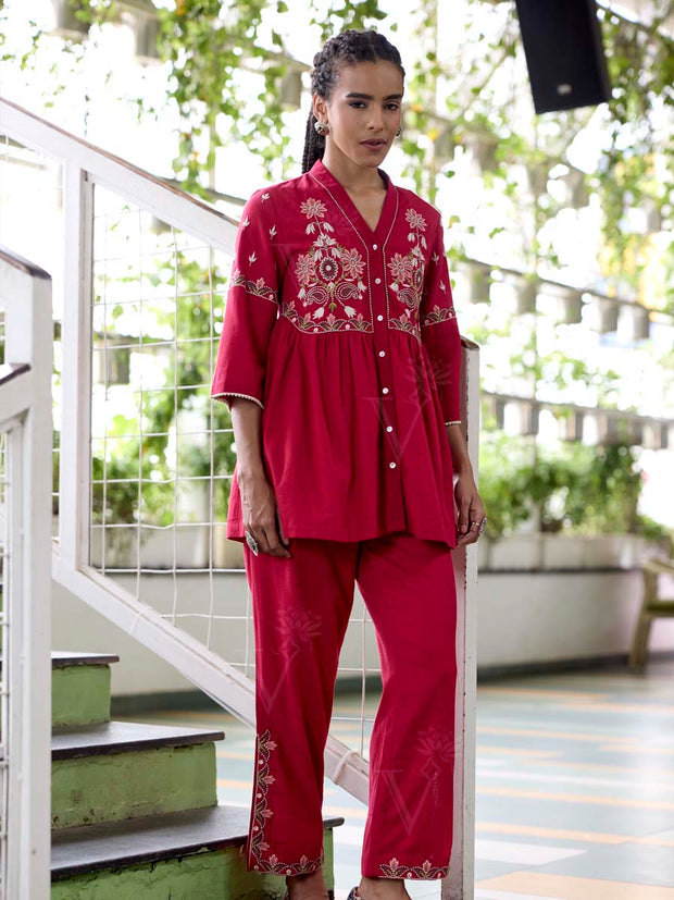 Red Embroidered Cotton Co-Ord Set