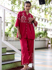 Red Embroidered Cotton Co-Ord Set