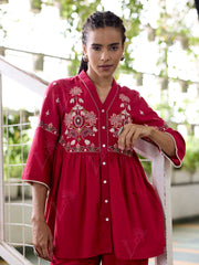 Red Embroidered Cotton Co-Ord Set
