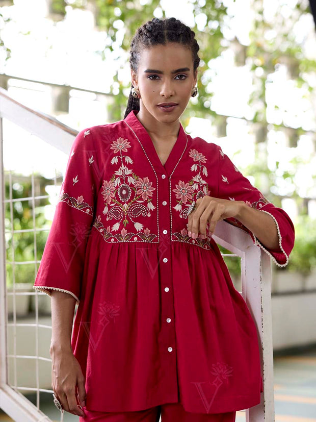 Red Embroidered Cotton Co-Ord Set