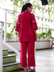 Red Embroidered Cotton Co-Ord Set