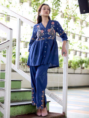 Navy Blue Embroidered Cotton Co-Ord Set