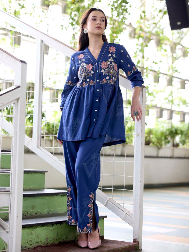 Navy Blue Embroidered Cotton Co-Ord Set