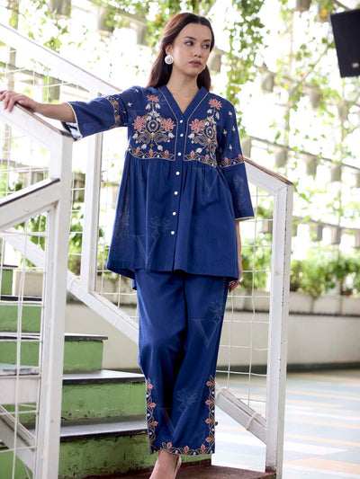 Navy Blue Embroidered Cotton Co-Ord Set