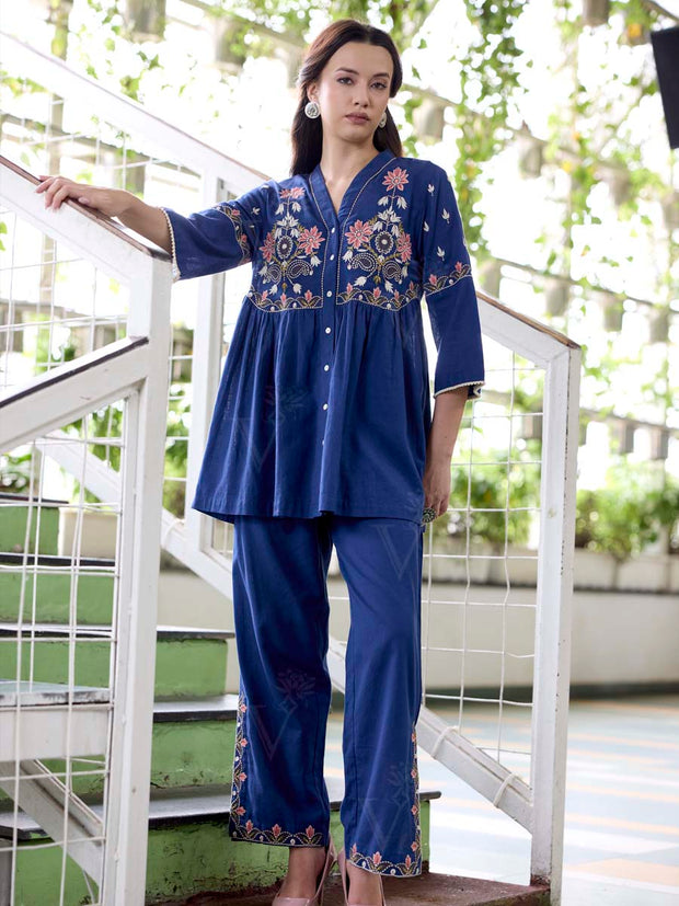 Navy Blue Embroidered Cotton Co-Ord Set