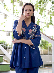 Navy Blue Embroidered Cotton Co-Ord Set