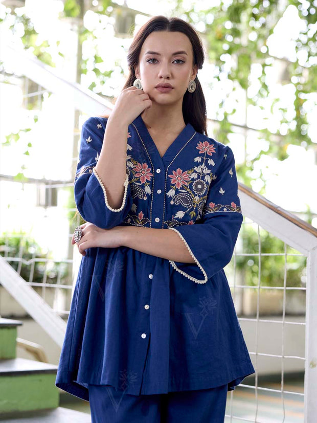 Navy Blue Embroidered Cotton Co-Ord Set