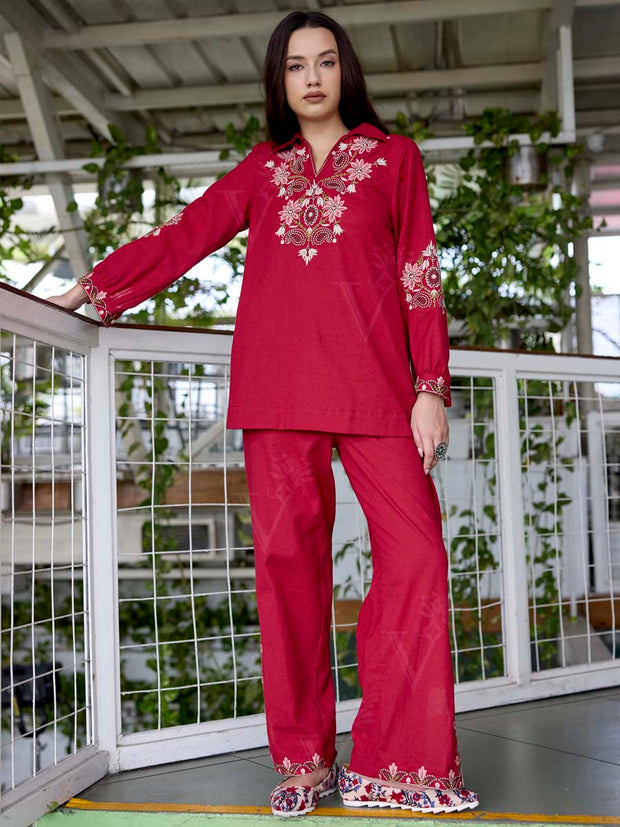 Red Embroidered Cotton Co-Ord Set
