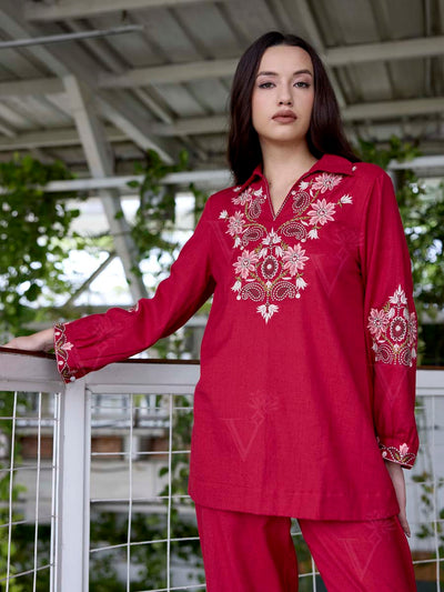 Red Embroidered Cotton Co-Ord Set