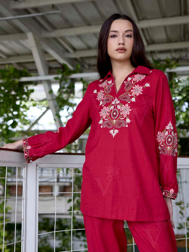 Red Embroidered Cotton Co-Ord Set