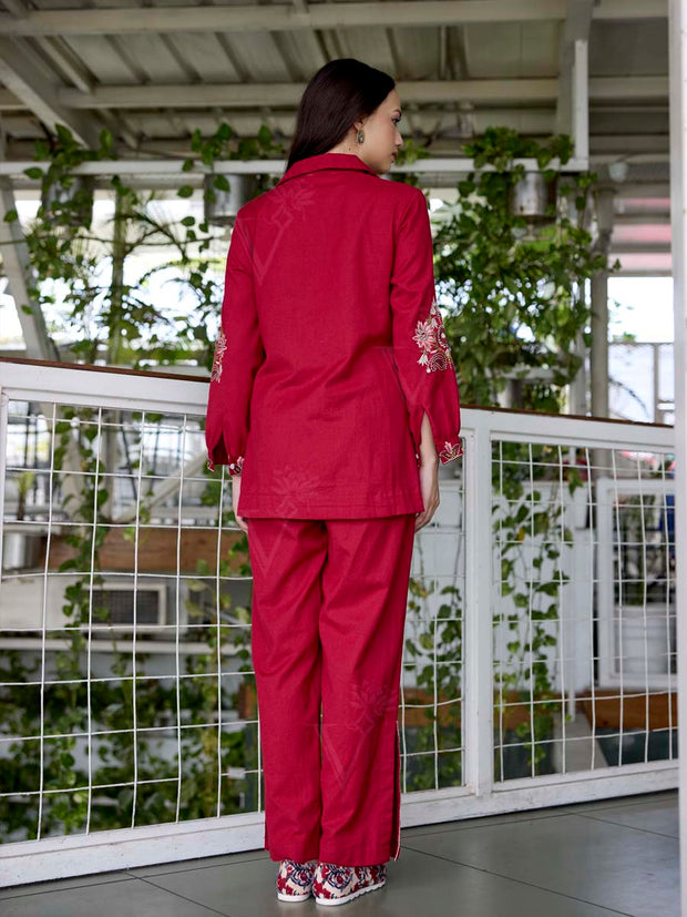 Red Embroidered Cotton Co-Ord Set
