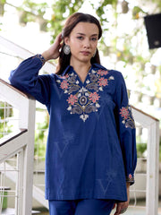 Navy Blue Embroidered Cotton Co-Ord Set