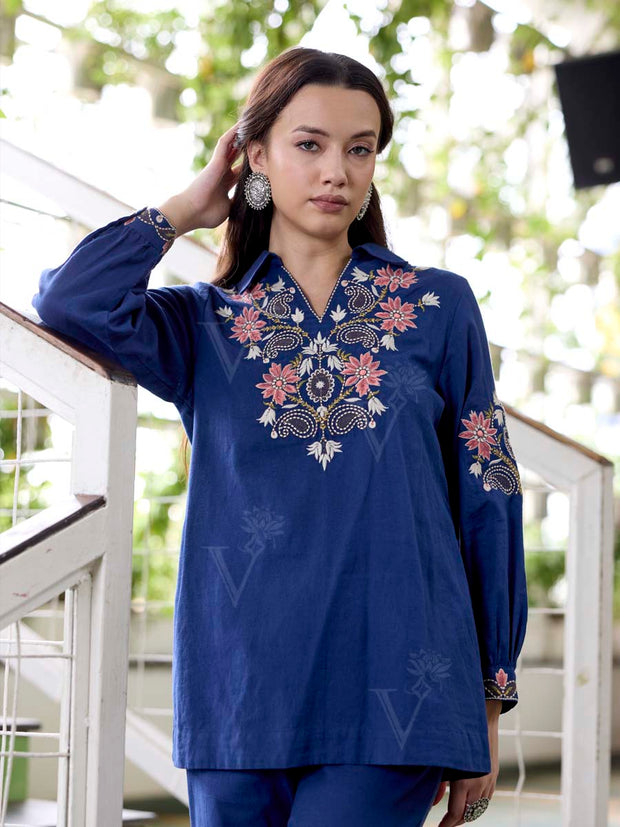 Navy Blue Embroidered Cotton Co-Ord Set