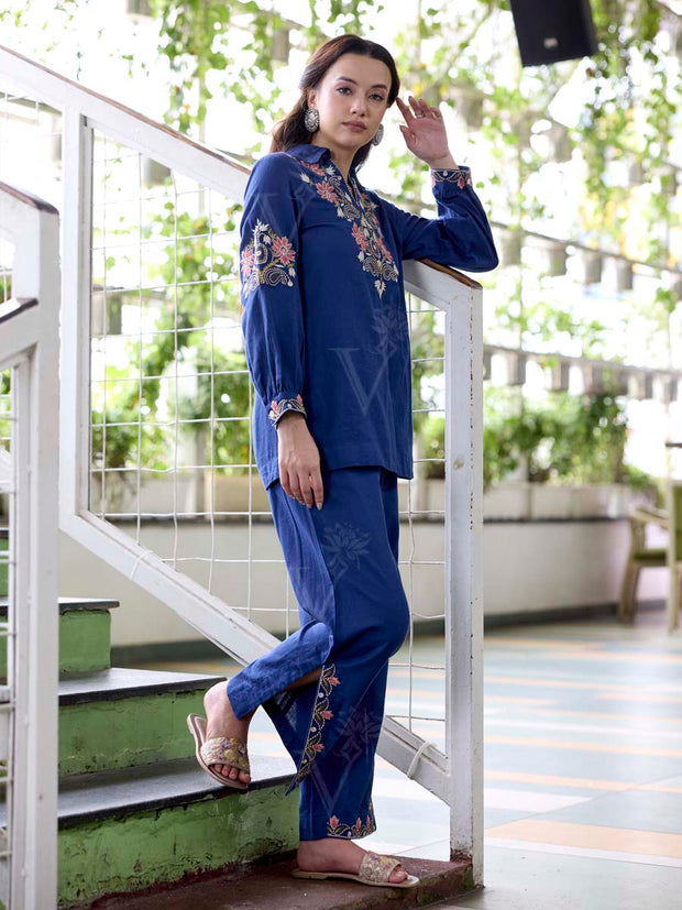 Navy Blue Embroidered Cotton Co-Ord Set