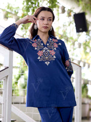 Navy Blue Embroidered Cotton Co-Ord Set