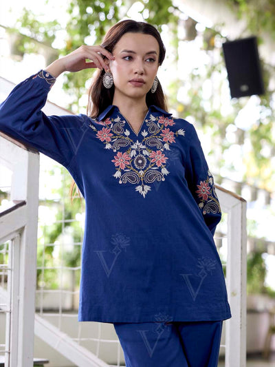 Navy Blue Embroidered Cotton Co-Ord Set