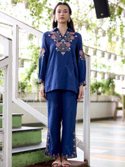 Navy Blue Embroidered Cotton Co-Ord Set