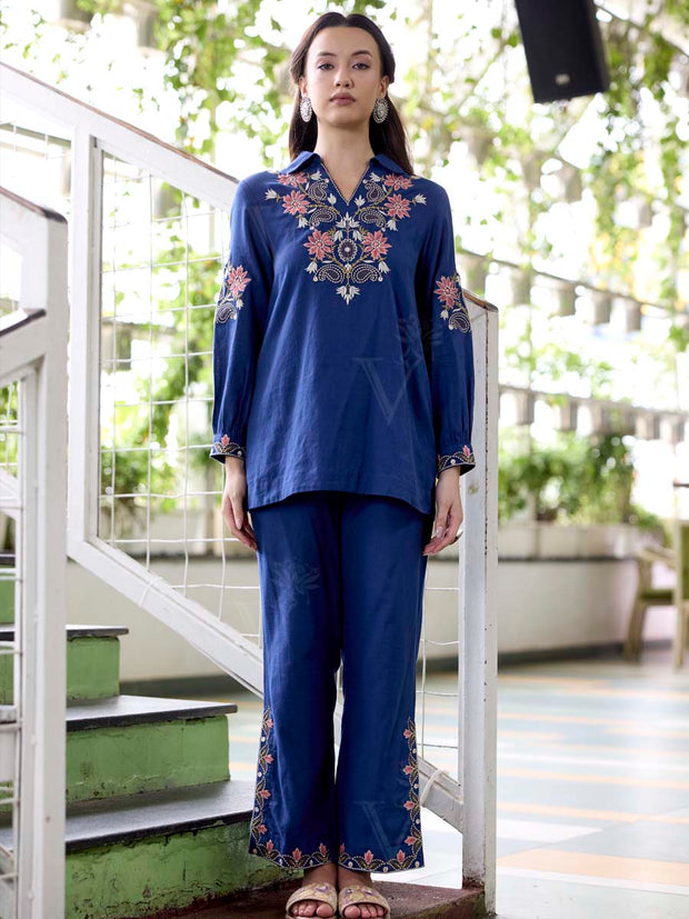 Navy Blue Embroidered Cotton Co-Ord Set