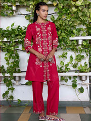 Red Embroidered Cotton Kurta Set