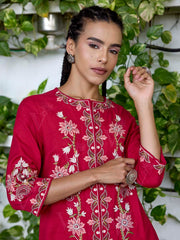 Red Embroidered Cotton Kurta Set