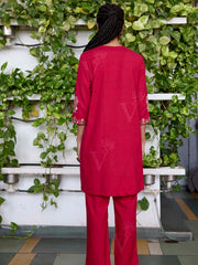 Red Embroidered Cotton Kurta Set