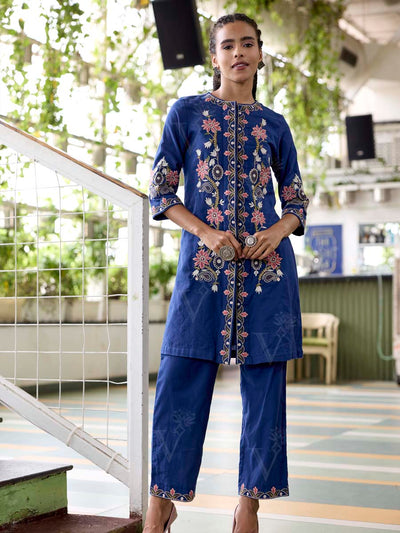 Navy Blue Embroidered Cotton Kurta Set