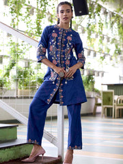 Navy Blue Embroidered Cotton Kurta Set