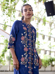 Navy Blue Embroidered Cotton Kurta Set