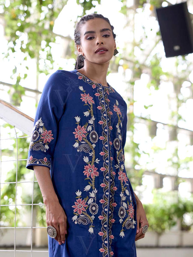 Navy Blue Embroidered Cotton Kurta Set