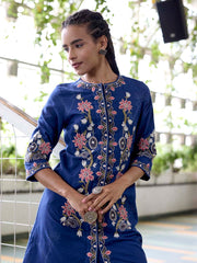 Navy Blue Embroidered Cotton Kurta Set