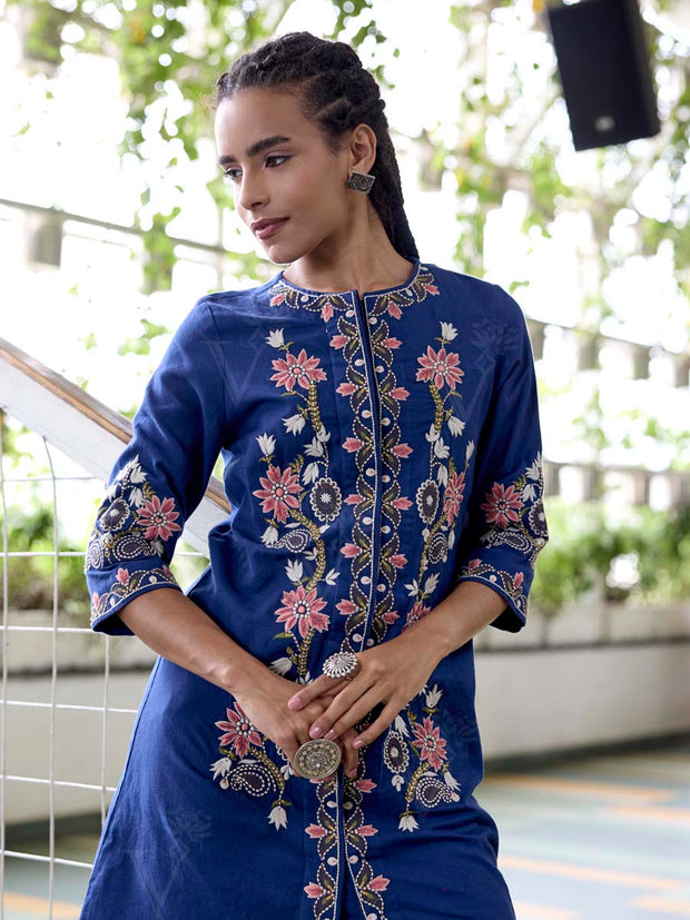 Navy Blue Embroidered Cotton Kurta Set