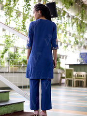 Navy Blue Embroidered Cotton Kurta Set