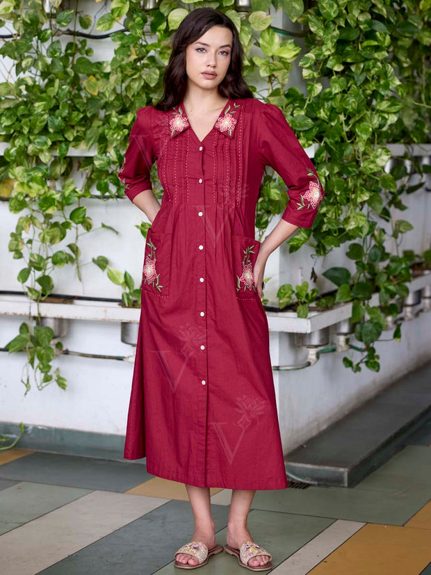 Wine Embroidered Cotton Dress