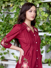 Wine Embroidered Cotton Dress