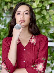 Wine Embroidered Cotton Dress