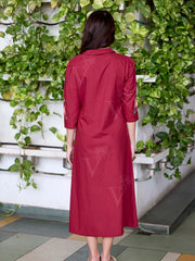 Wine Embroidered Cotton Dress